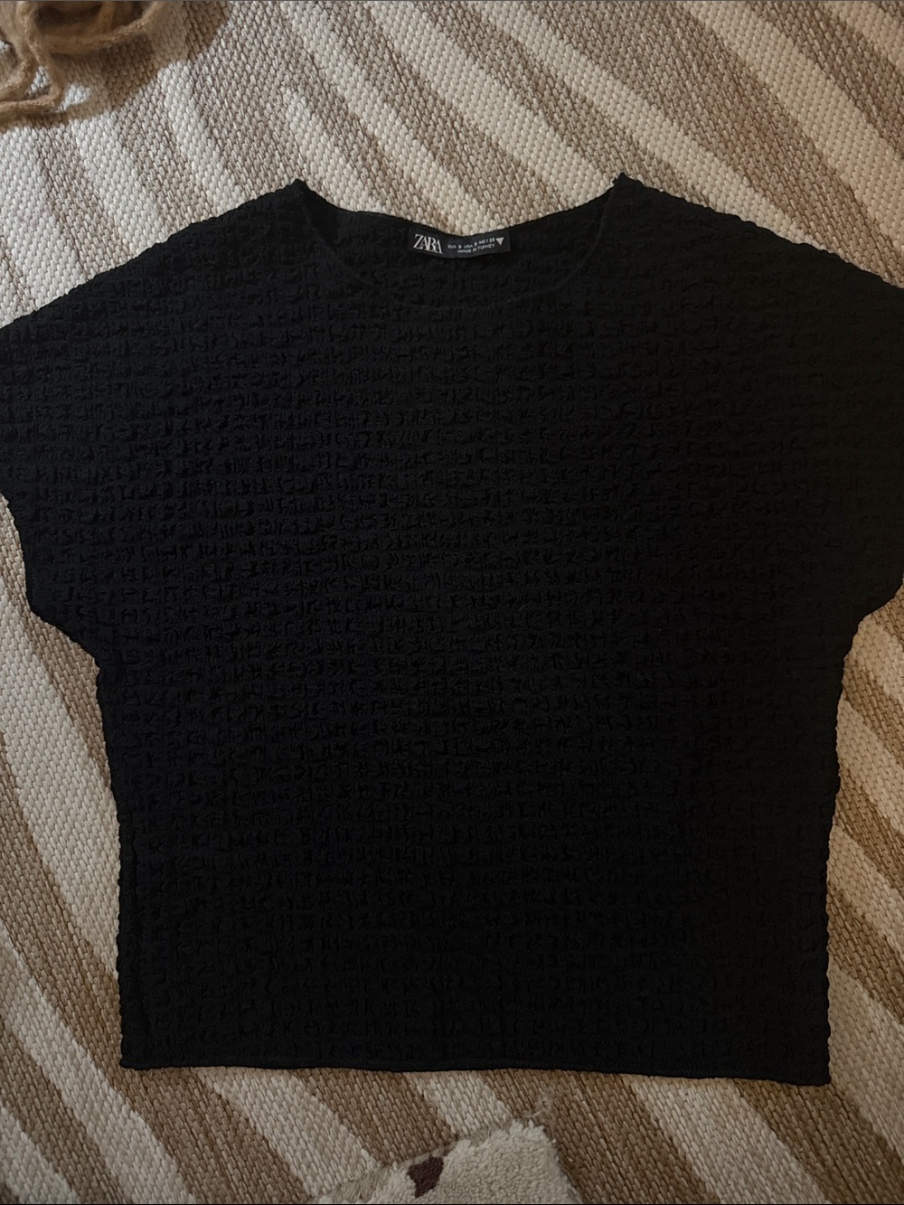ZARA Black Textured Short Sleeve Boxy Top
